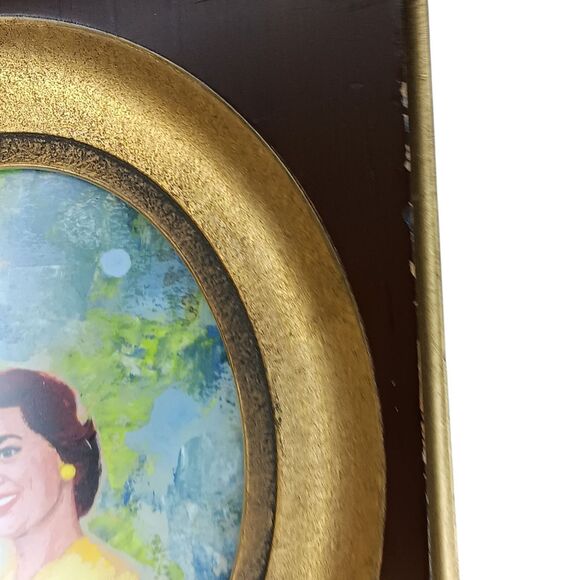 VTG 1963 Miniature Portrait Of Woman In Yellow Dress Blue Background Gold Frame - Picture 6 of 13
